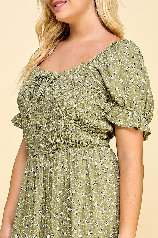 PLUS SIZE PUFF SLV SMOCKED TOP RUFFLE MIDI DRESS - GREEN