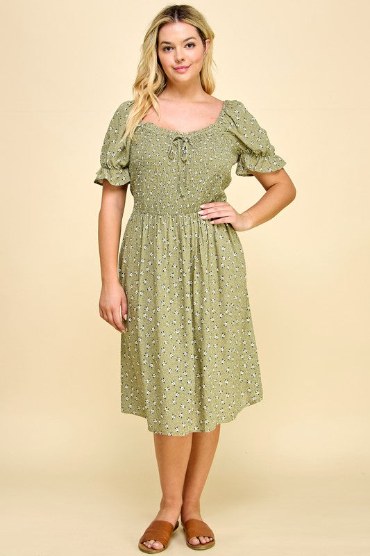 PLUS SIZE PUFF SLV SMOCKED TOP RUFFLE MIDI DRESS - GREEN