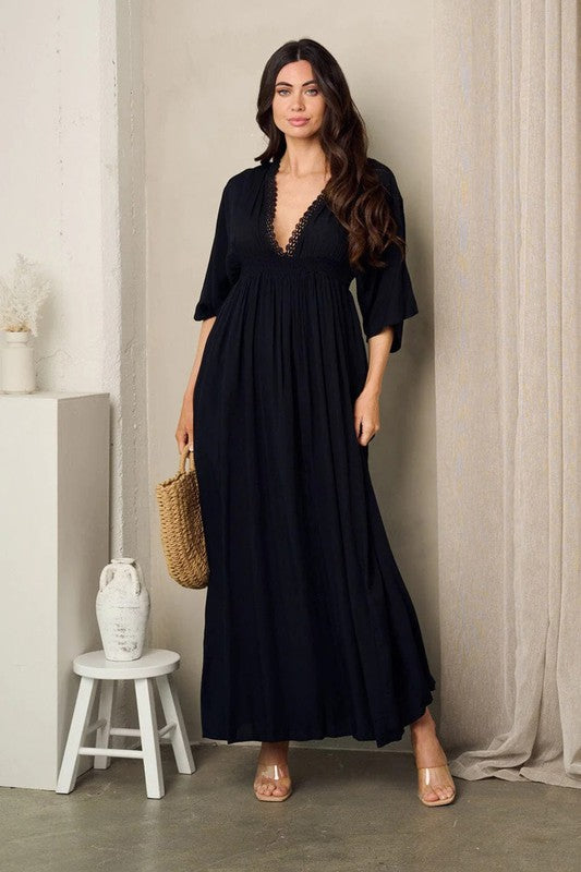 V-NECK CHALLIS MAXI DRESS - BLACK