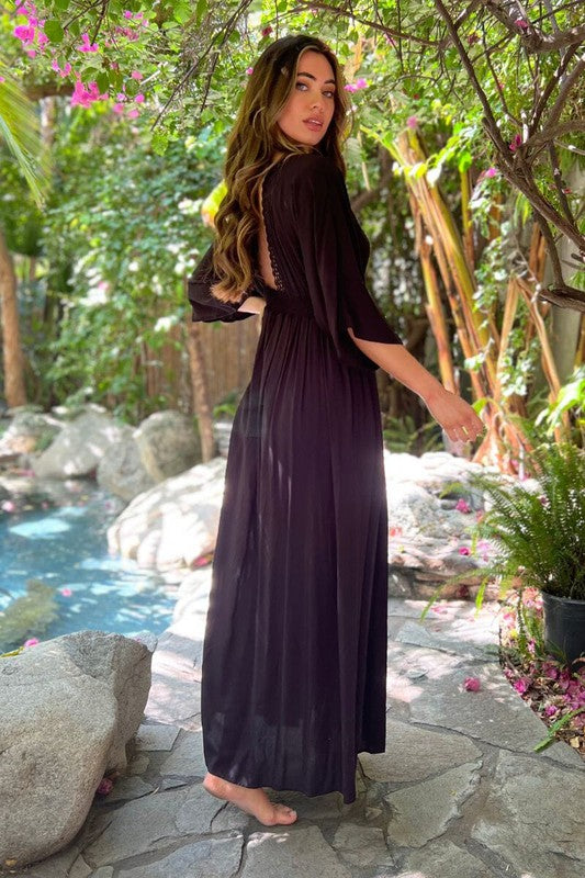 V-NECK CHALLIS MAXI DRESS - BLACK