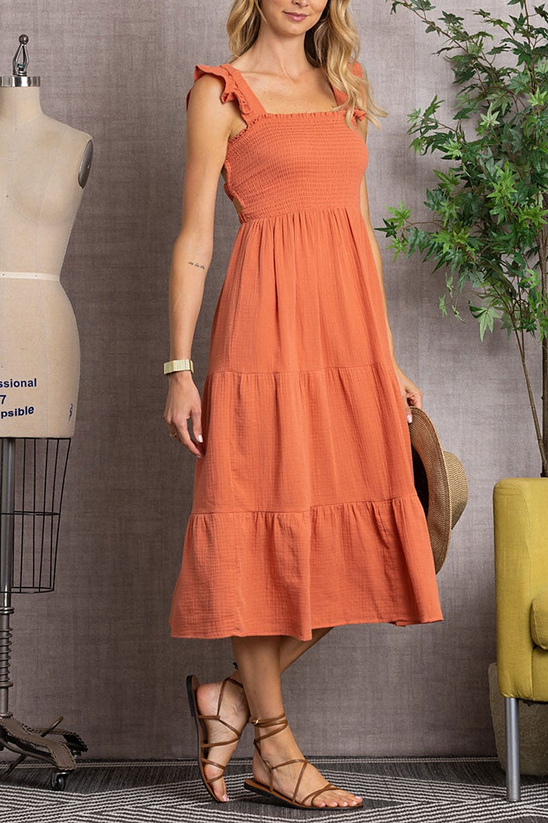 TIERED COTTON DRESS WITH SMOKING - BURNT ORANGE