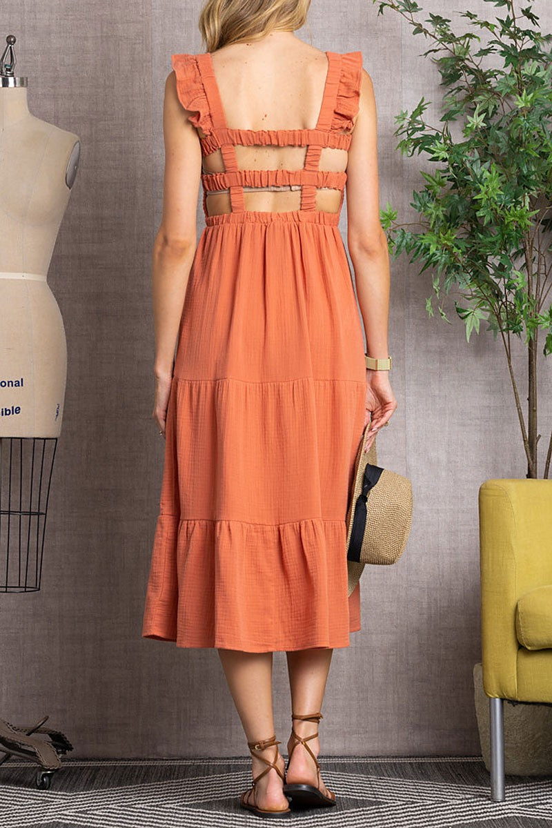 TIERED COTTON DRESS WITH SMOKING - BURNT ORANGE