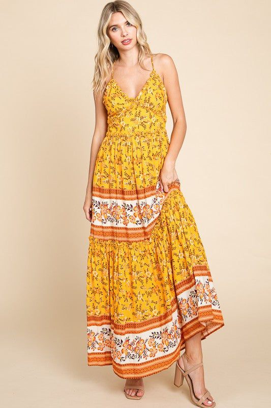 BORDER PRINT TIERED MAXI DRESS - YELLOW