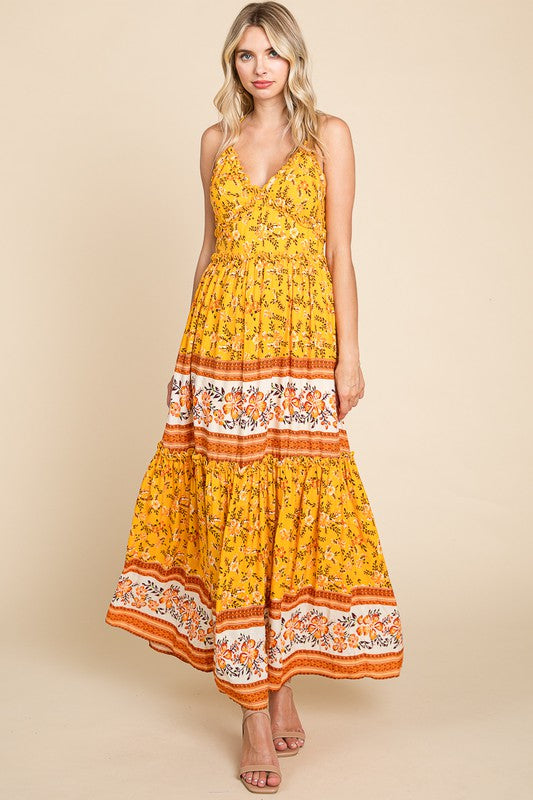 BORDER PRINT TIERED MAXI DRESS - YELLOW