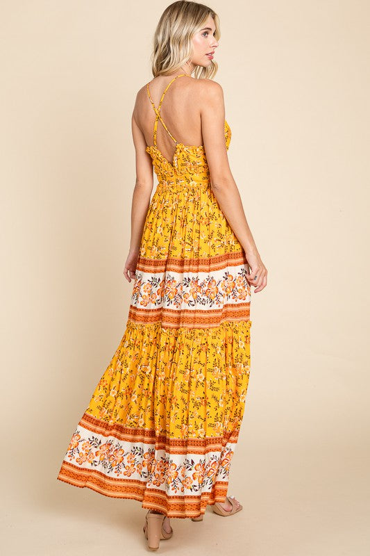 BORDER PRINT TIERED MAXI DRESS - YELLOW