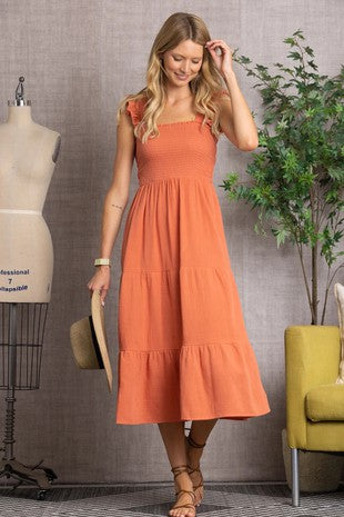 TIERED COTTON DRESS WITH SMOKING - BURNT ORANGE