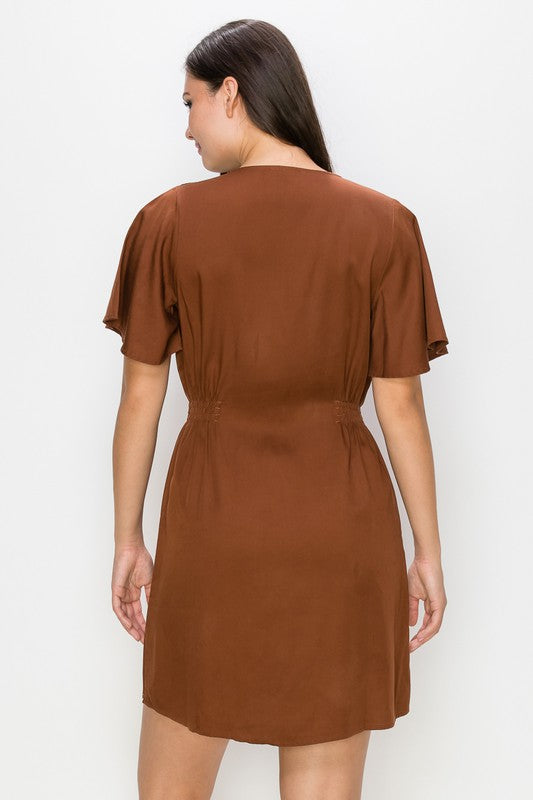 Front Button Flounce Sleeves Mini Dress - BROWN