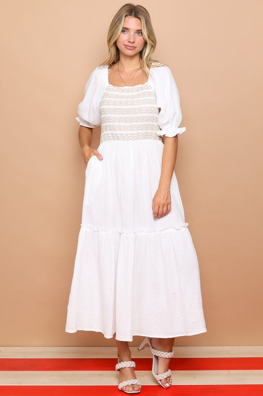 COTTON MAXI DRESS WITH SMOCKING - WHITE