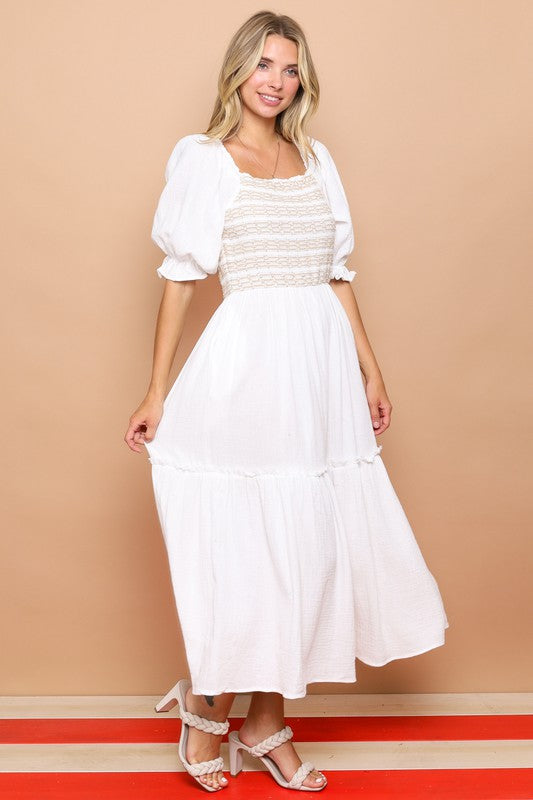 COTTON MAXI DRESS WITH SMOCKING - WHITE