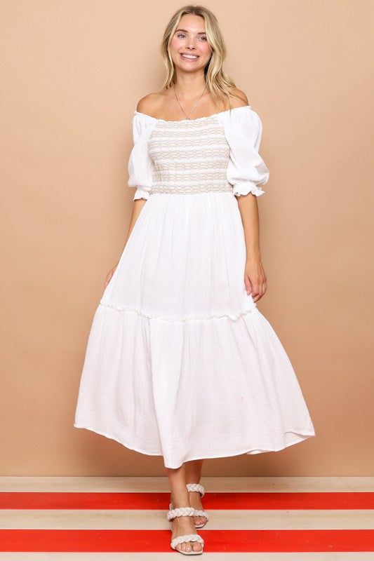 COTTON MAXI DRESS WITH SMOCKING - WHITE