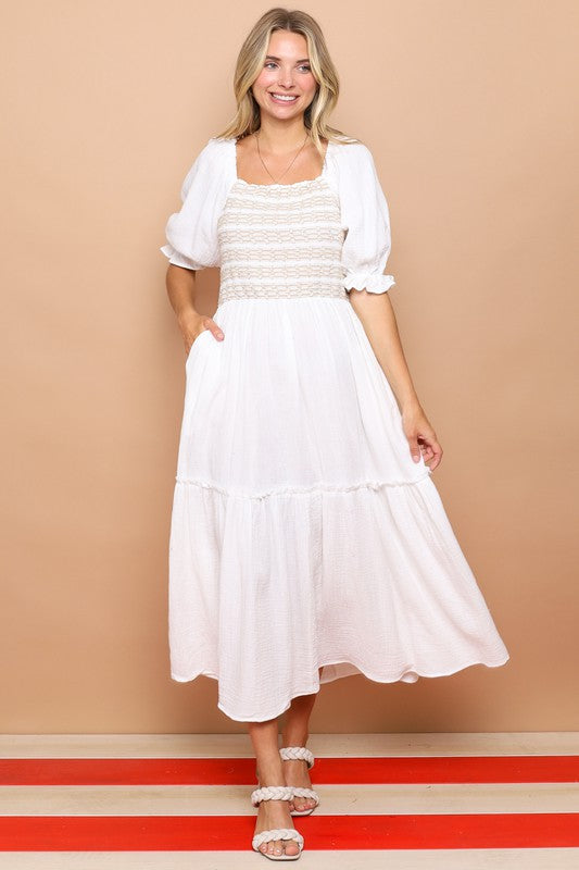 COTTON MAXI DRESS WITH SMOCKING - WHITE