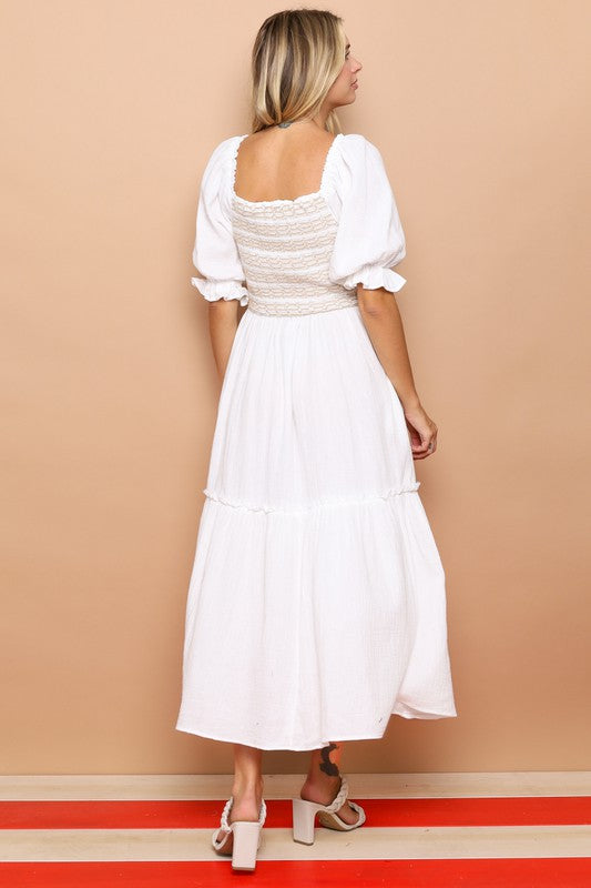 COTTON MAXI DRESS WITH SMOCKING - WHITE