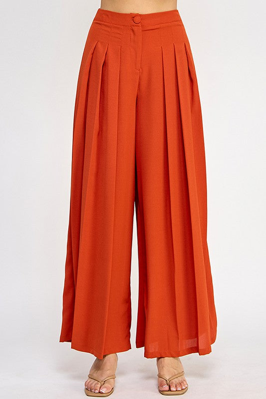 Pleated Wide Leg Maxi Pants - BURNT ORANGE