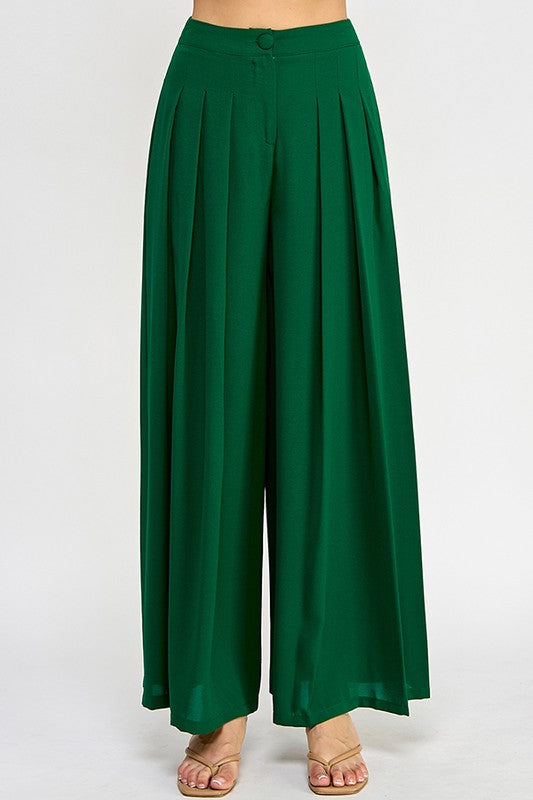 Pleated Wide Leg Maxi Pants - EMERALD GREEN