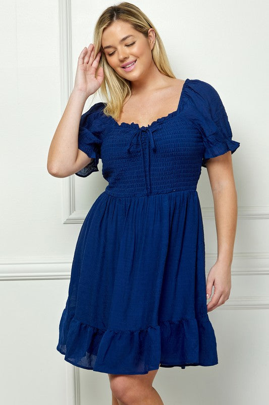 PLUS SIZE PUFF SLV PAPAYA GAUZE RUFFLE DRESS - NAVY