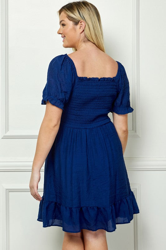 PLUS SIZE PUFF SLV PAPAYA GAUZE RUFFLE DRESS - NAVY