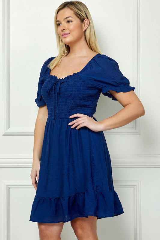 PLUS SIZE PUFF SLV PAPAYA GAUZE RUFFLE DRESS - NAVY