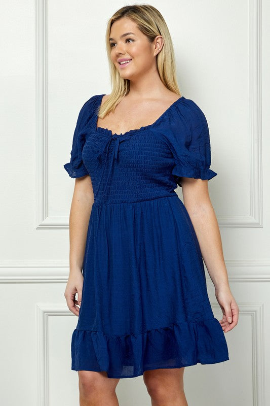 PLUS SIZE PUFF SLV PAPAYA GAUZE RUFFLE DRESS - NAVY