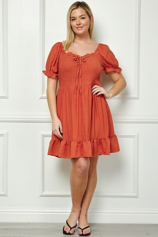 PLUS SIZE PUFF SLV PAPAYA GAUZE RUFFLE DRESS - BURNT ORANGE