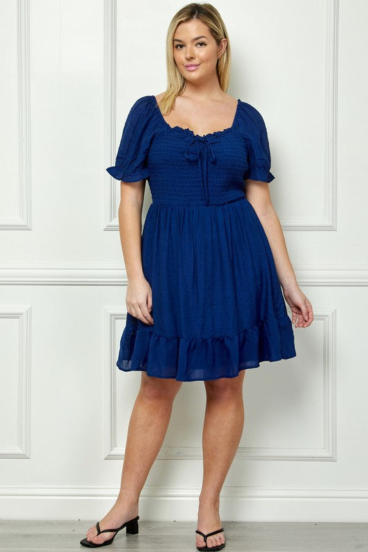 PLUS SIZE PUFF SLV PAPAYA GAUZE RUFFLE DRESS - NAVY