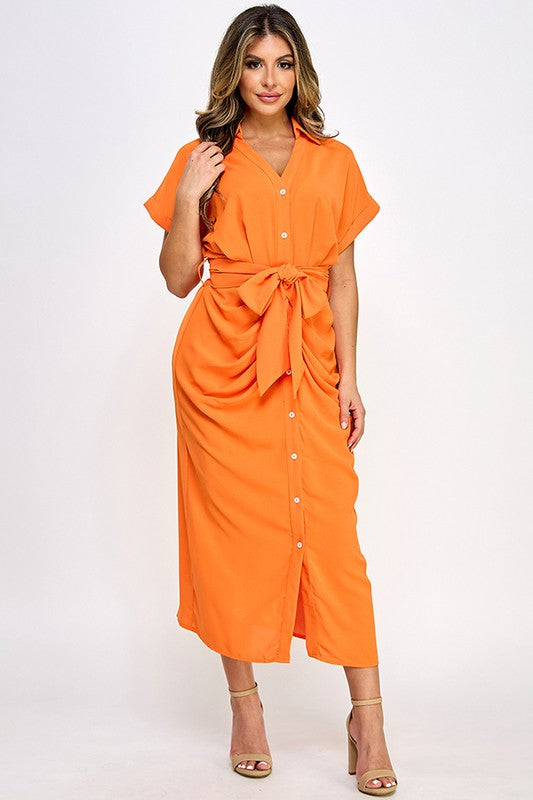 Drapped Midi Shirt Dress - ORANGE