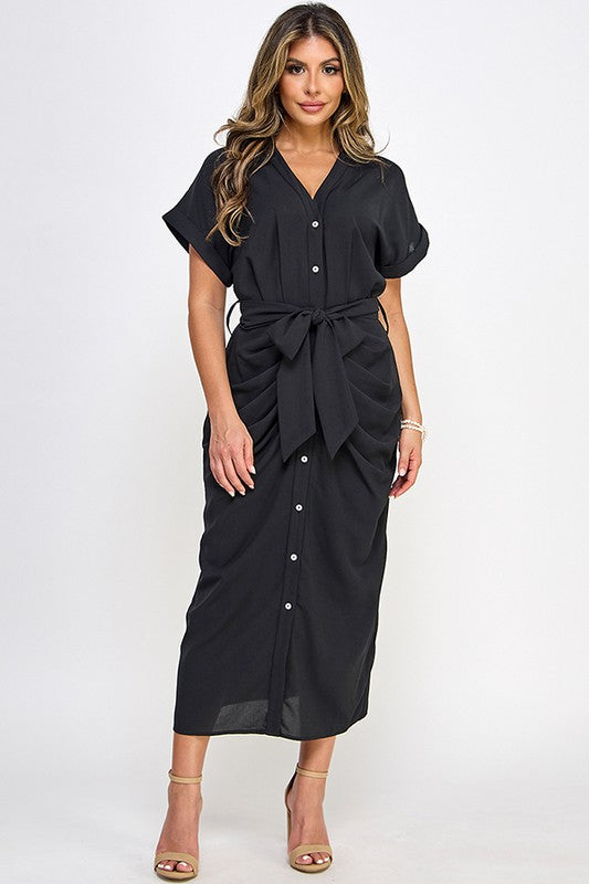 Drapped Midi Shirt Dress - BLACK