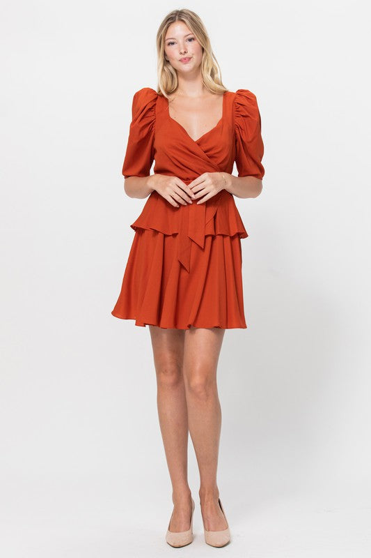 Puff Sleeve Short Dress - BURNT ORANGE