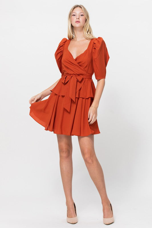 Puff Sleeve Short Dress - BURNT ORANGE