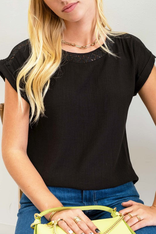 EYELET TRIM FOLDED SLEEVE TOP - BLACK