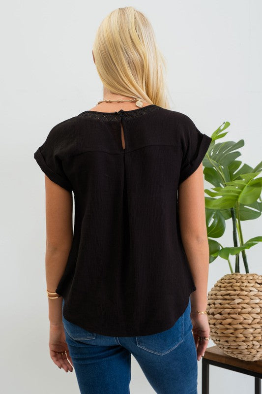 EYELET TRIM FOLDED SLEEVE TOP - BLACK