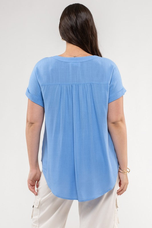 PLUS SIZE SHORT ROLL SLEEVE BUTTON DOWN SHIRT - BLUE