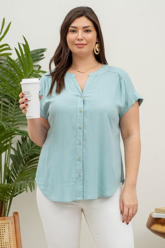 PLUS SIZE SHORT ROLL SLEEVE BUTTON DOWN SHIRT - JADE