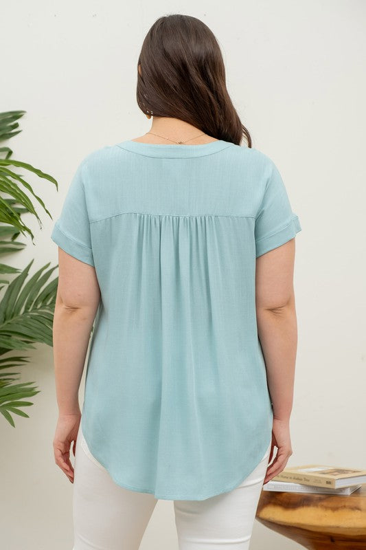 PLUS SIZE SHORT ROLL SLEEVE BUTTON DOWN SHIRT - JADE