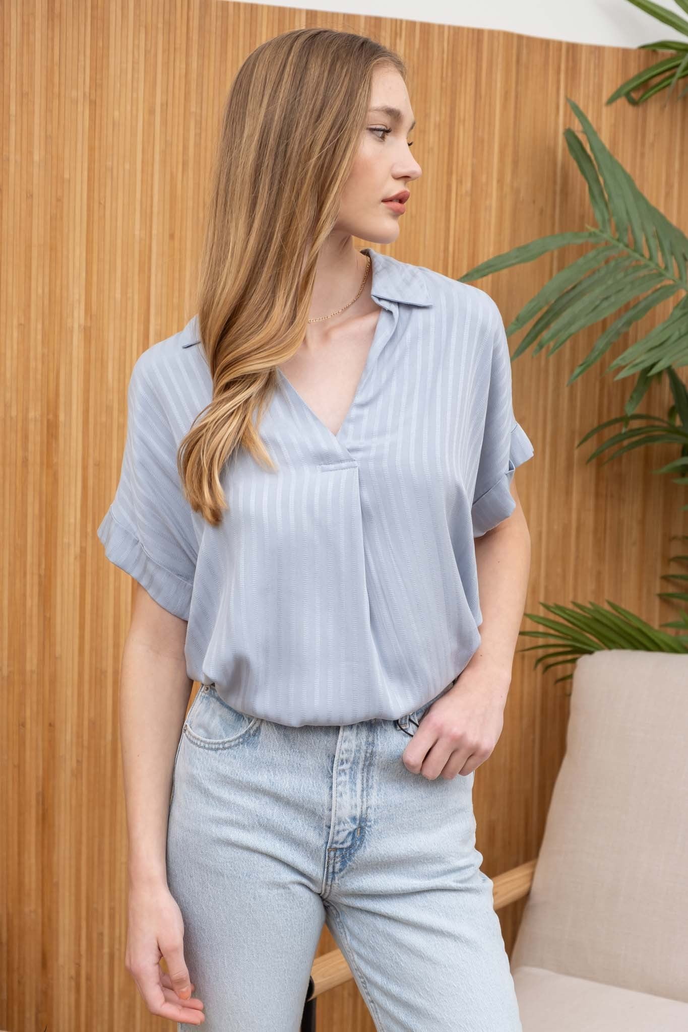 STRIPED COLLARED SPLIT NECK BLOUSE- BLUE