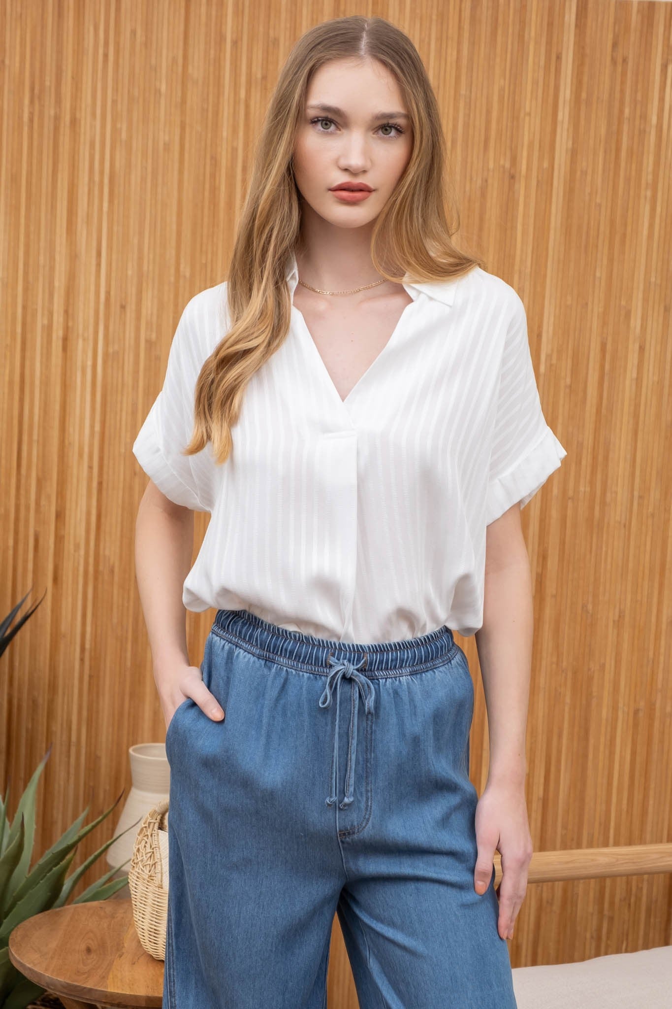 STRIPED COLLARED SPLIT NECK BLOUSE- WHITE