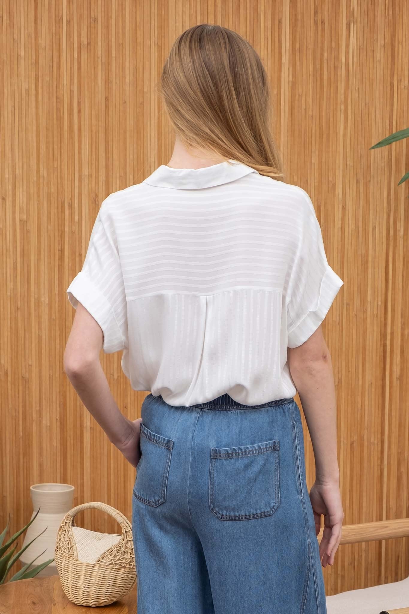 STRIPED COLLARED SPLIT NECK BLOUSE- WHITE