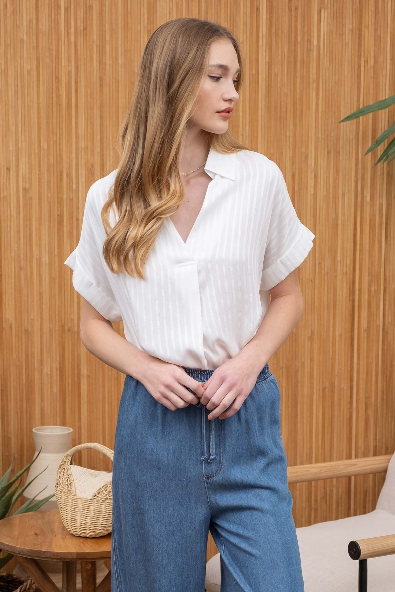 STRIPED COLLARED SPLIT NECK BLOUSE- WHITE