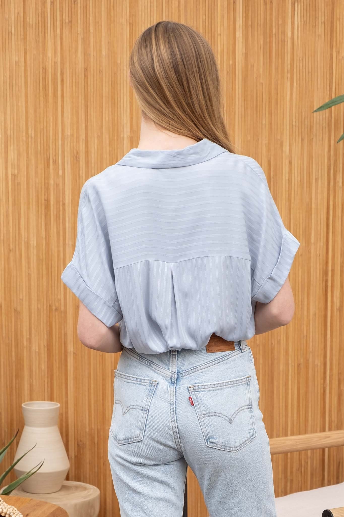 STRIPED COLLARED SPLIT NECK BLOUSE- BLUE