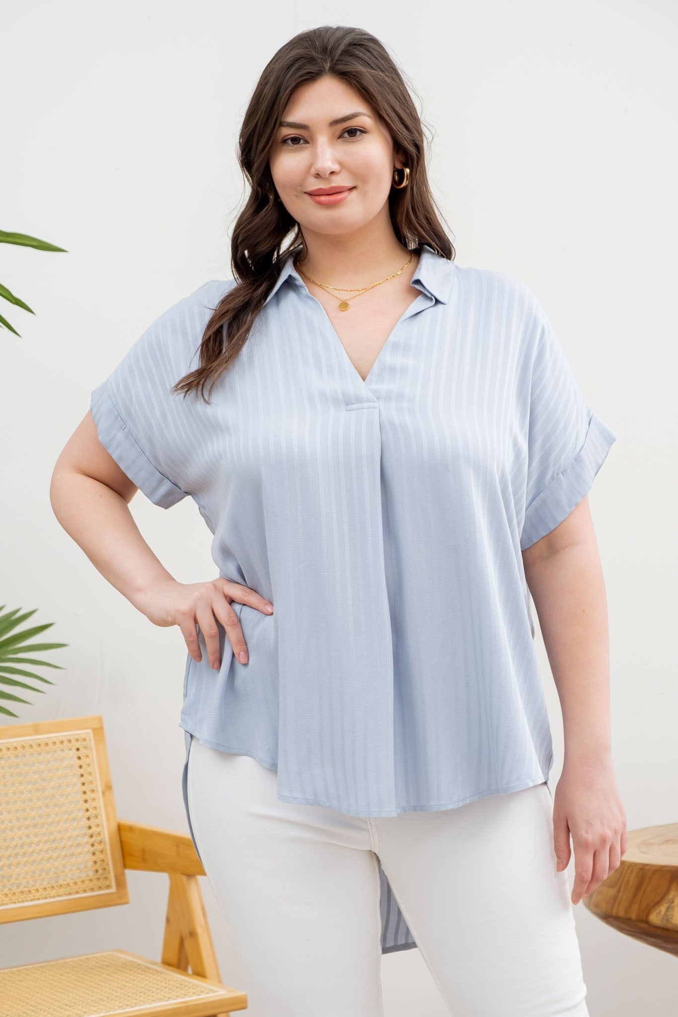 PLUS STRIPED COLLARED SPLIT NECK BLOUSE- PLUS SIZE BLUE