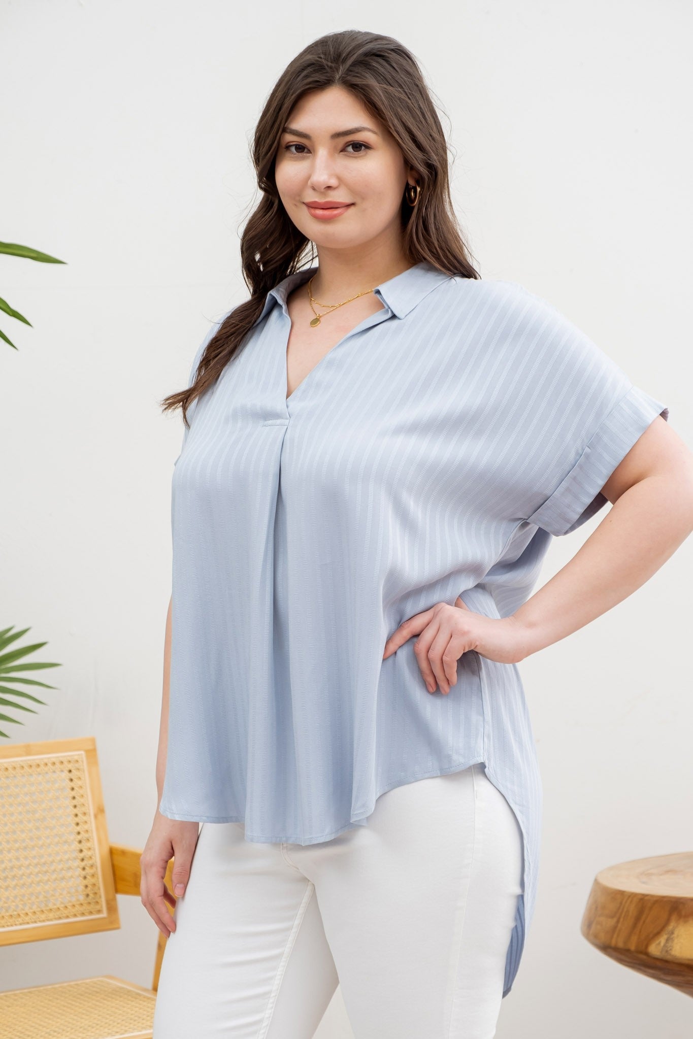 PLUS STRIPED COLLARED SPLIT NECK BLOUSE- PLUS SIZE BLUE