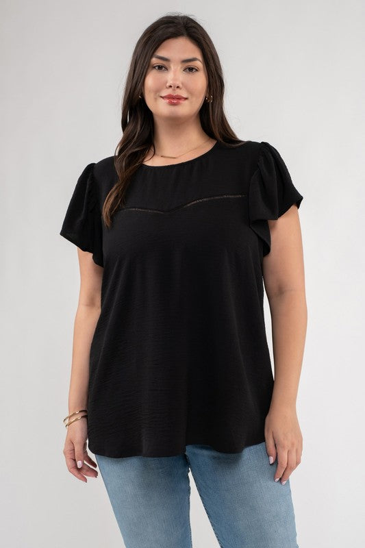 PLUS RUFFLE SLEEVE LADDER LACE BLOUSE- BLACK