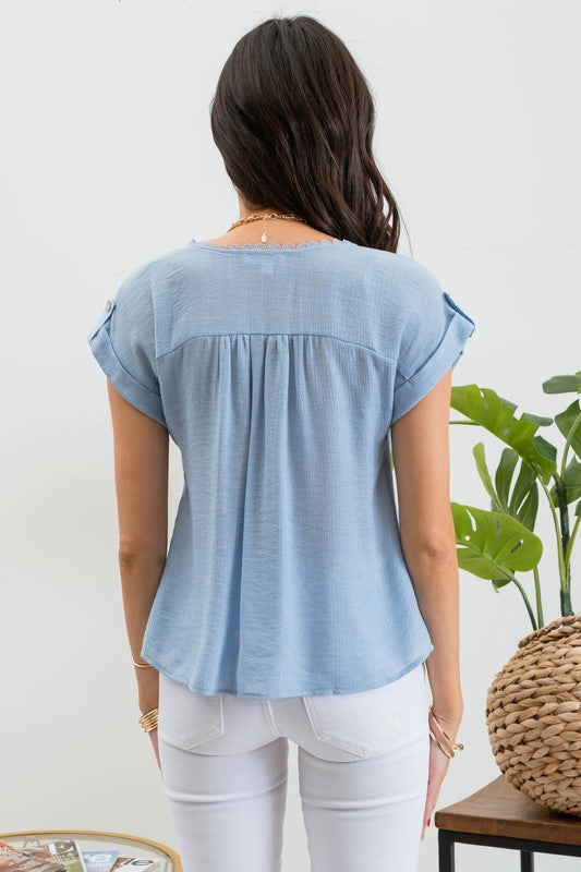 LACE TRIM ROLL TAB SLEEVE BLOUSE- CHAMBRAY