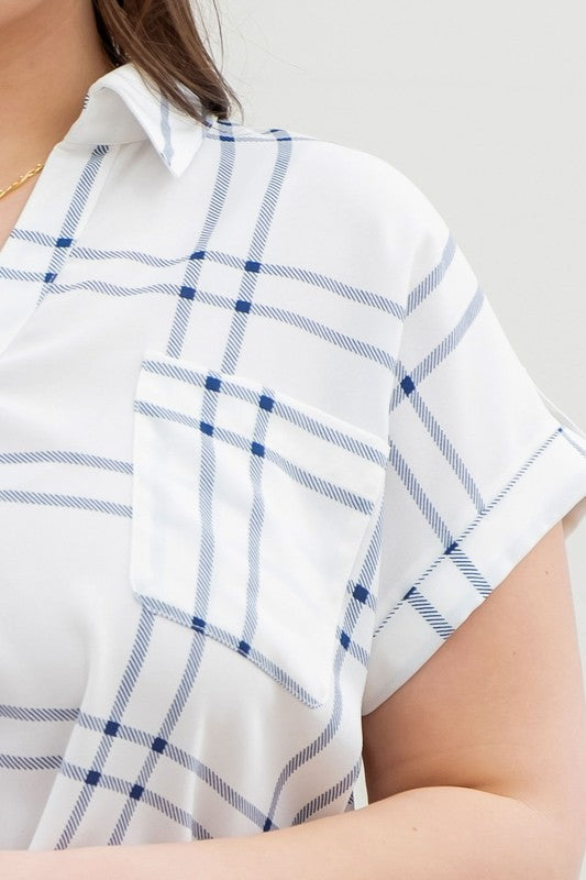 PLUS PLAID SHORT FOLD SLEEVE BUTTON DOWN SHIRT- BLUE