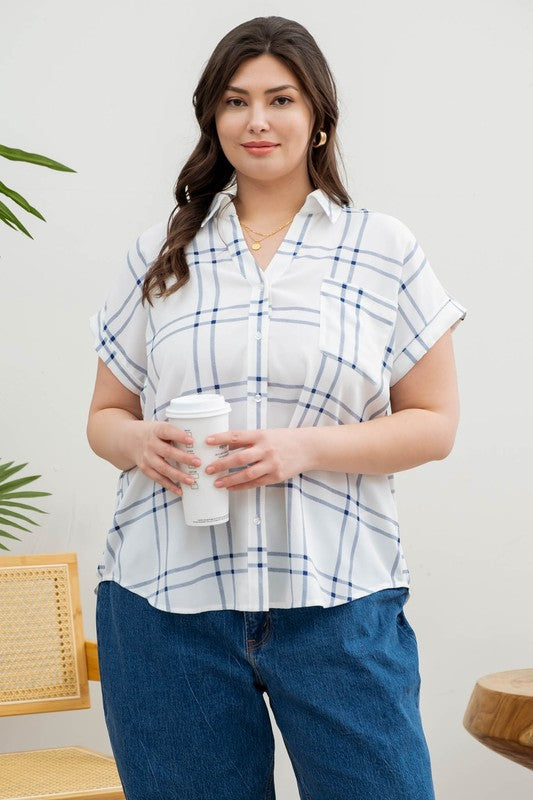 PLUS PLAID SHORT FOLD SLEEVE BUTTON DOWN SHIRT- BLUE