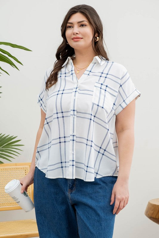 PLUS PLAID SHORT FOLD SLEEVE BUTTON DOWN SHIRT- BLUE