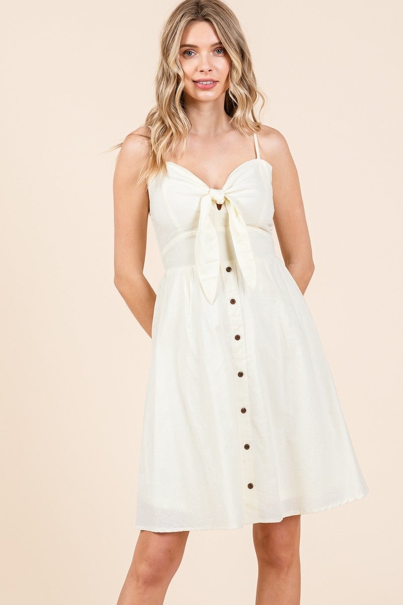 WOVEN BUST RIBBON DETAILED TANK MINI DRESS- CREAM