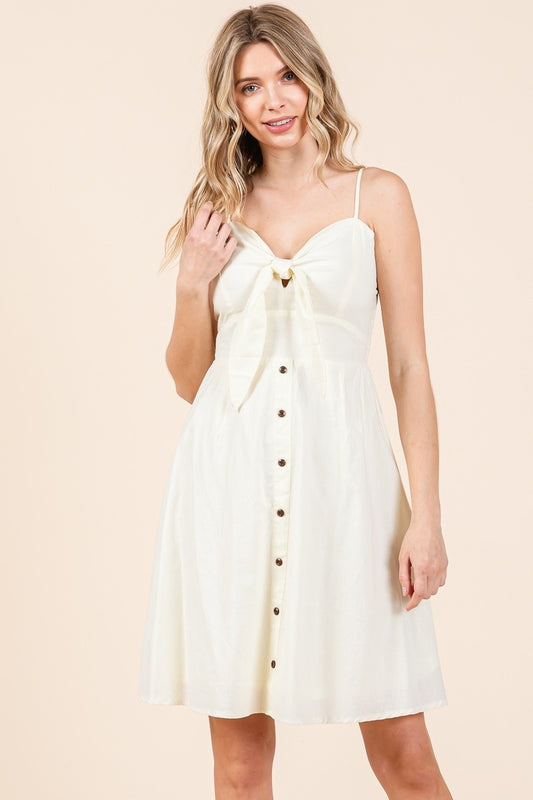 WOVEN BUST RIBBON DETAILED TANK MINI DRESS- CREAM