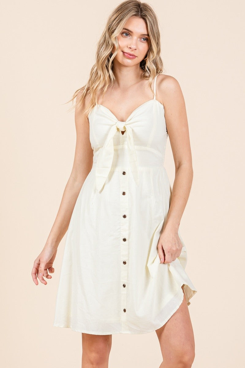 WOVEN BUST RIBBON DETAILED TANK MINI DRESS- CREAM