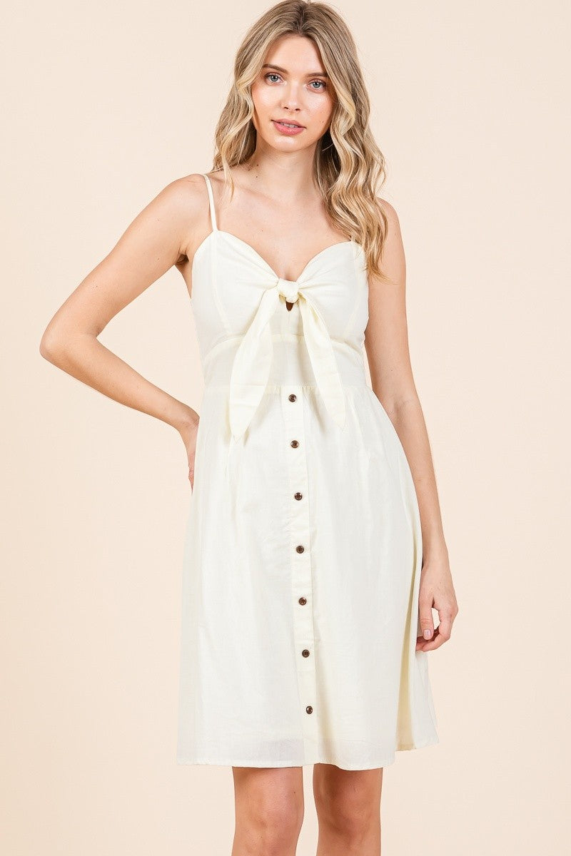 WOVEN BUST RIBBON DETAILED TANK MINI DRESS- CREAM