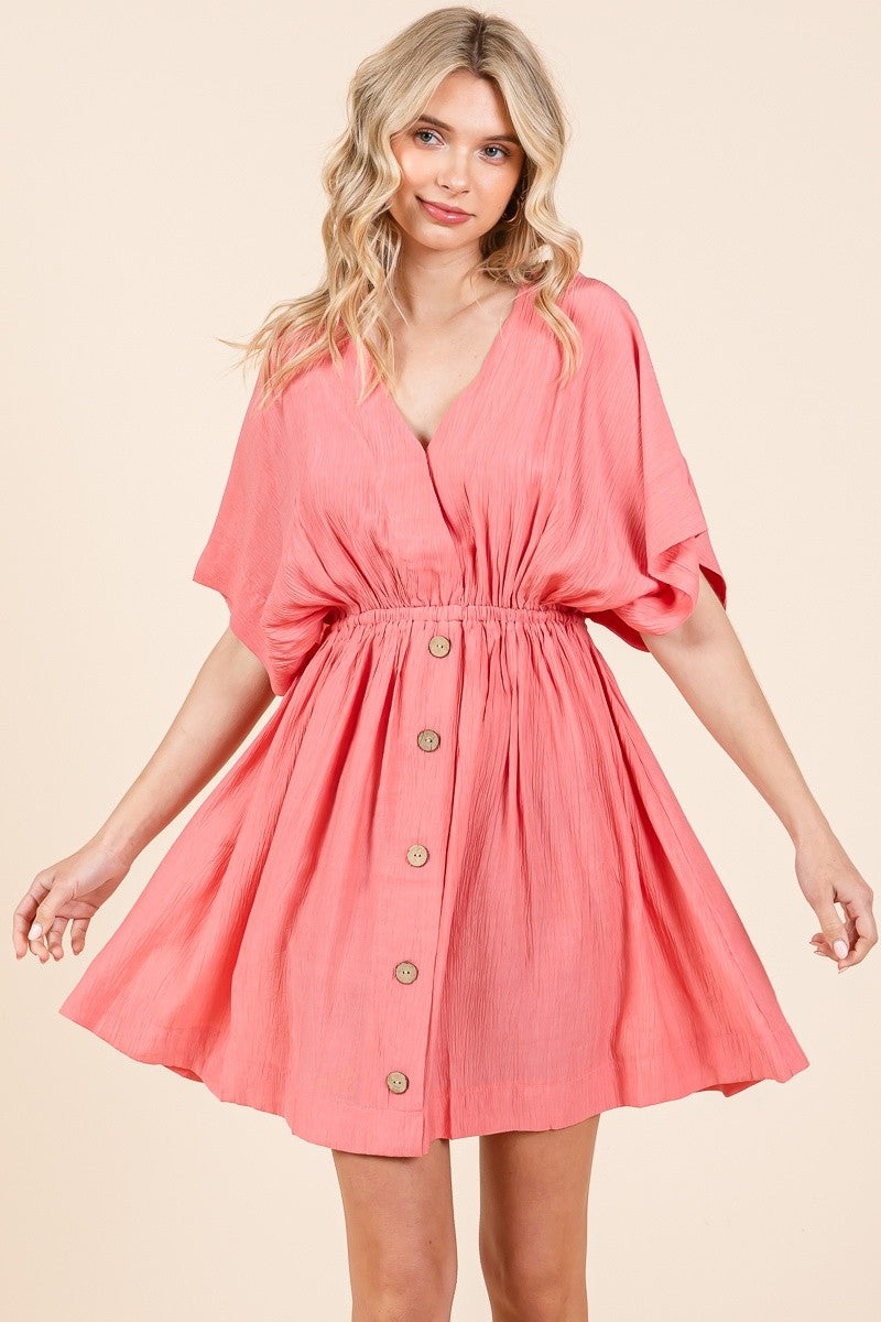 V-NECK DROP SHOULDER WRAP FRONT WOVEN MINI DRESS- CORAL